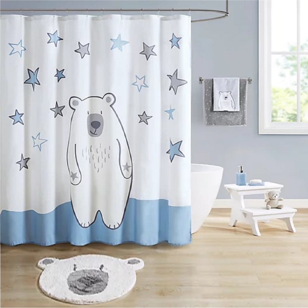 new Marmalade-brand Blue Gray White 72x72" Shower Curtain featuring a POLAR BEAR